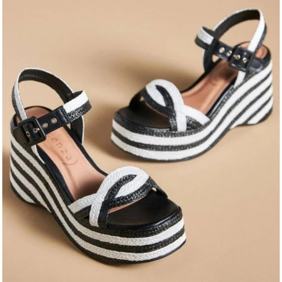 New Vicenza Raffia Black and White Platform Heels (38 EU) - Picture 1 of 7